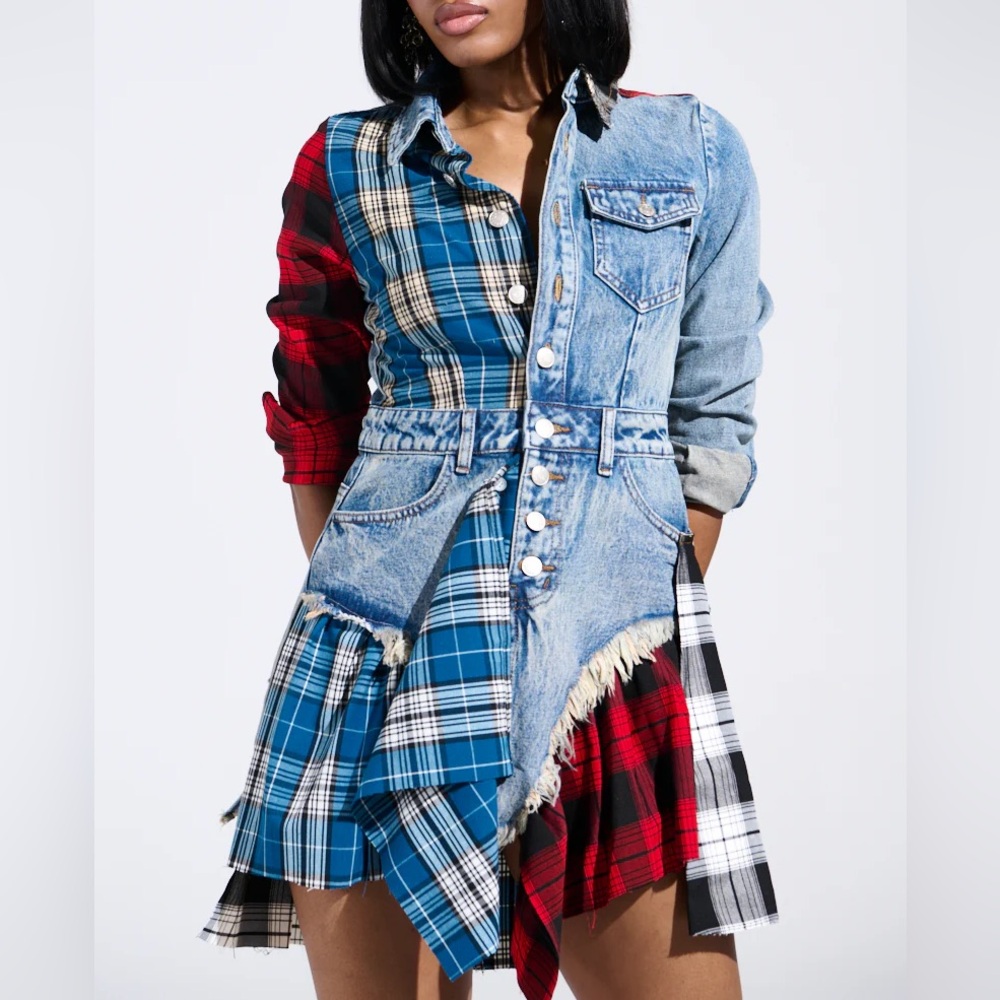 AKIRA Patchwork Plaid Denim Mini Dress - Picture 2 of 12